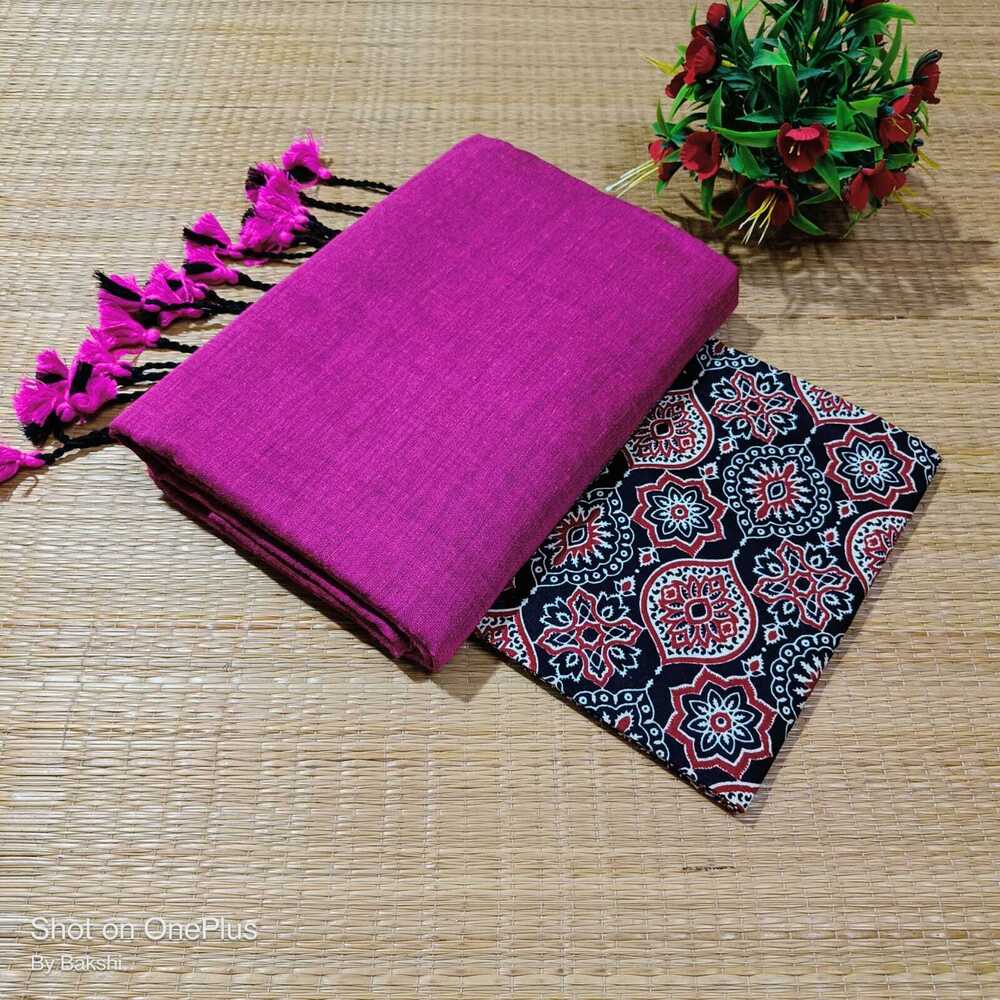 Plain Khadi Cotton Saree With Running Blouse Piece - Color: Pink