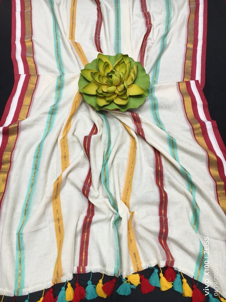 Exclusive Mulmul Cotton Saree With Blouse Piece - Color: White