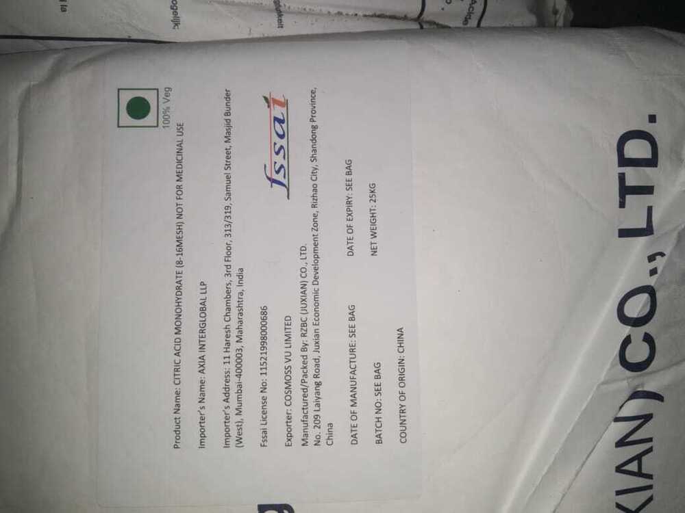 Citric Acid Monohydrate - Cas No: 5949-29-1