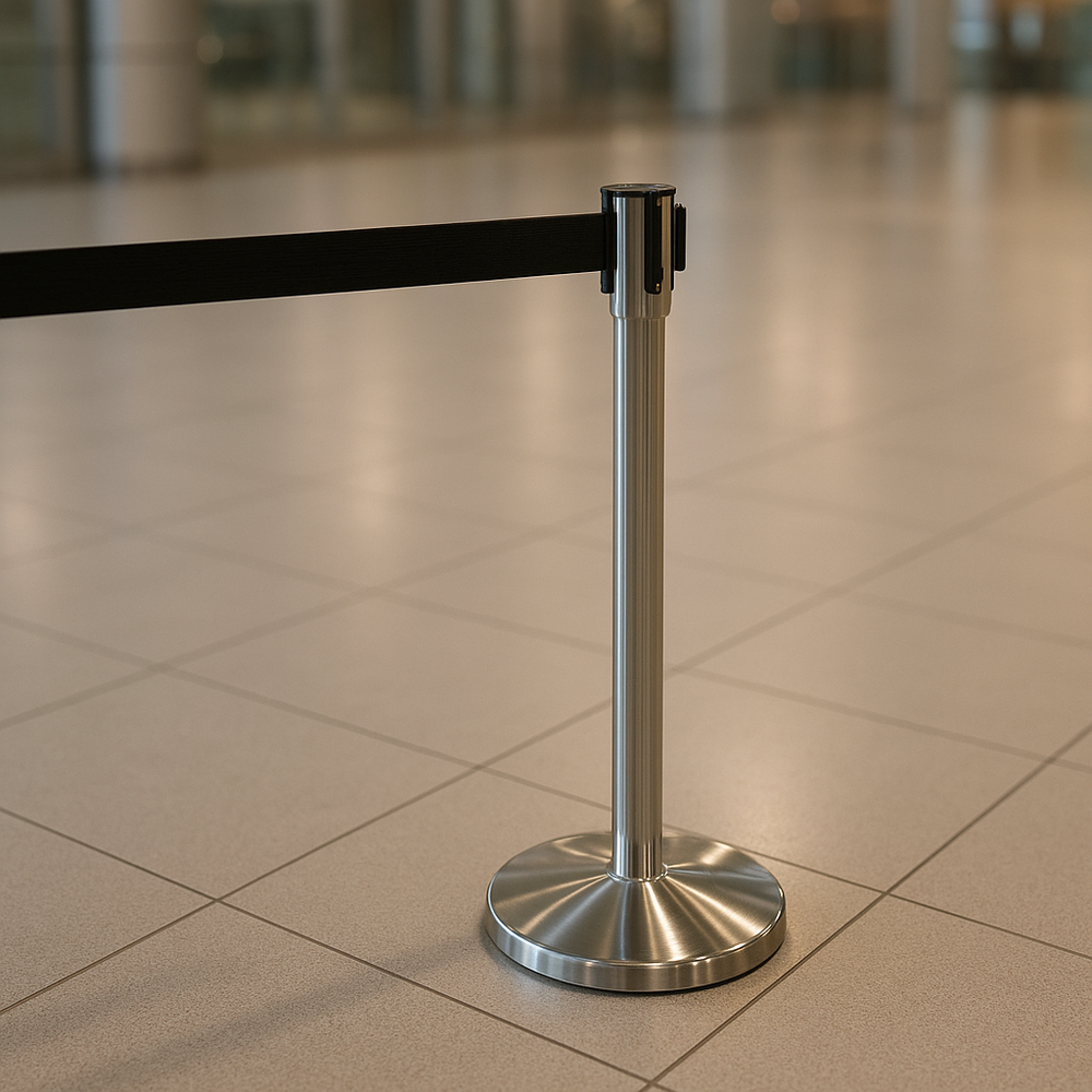 Queue Manager - Stainless Steel, 320mm Base Diameter, 900mm Height | Manual Operation, Customizable Belt Colors, Promotes Social Distancing