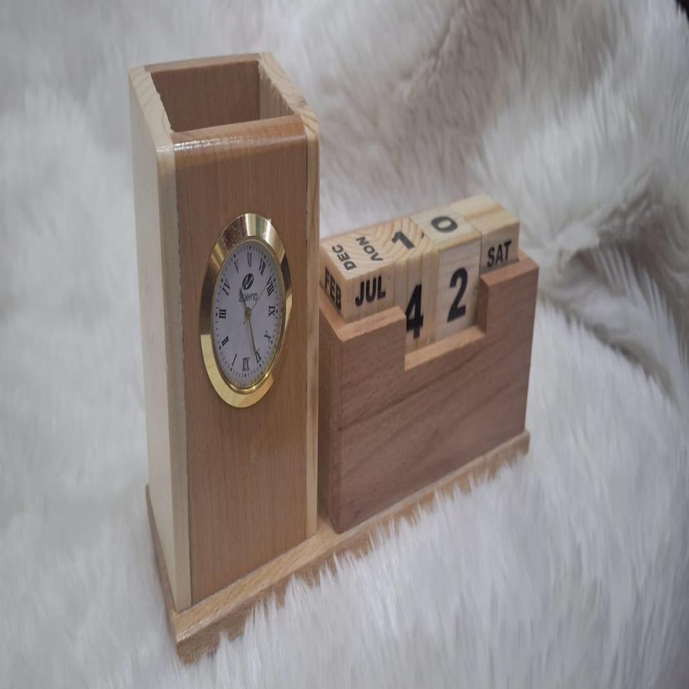 Wooden Calendar With Pen Stand And Clock