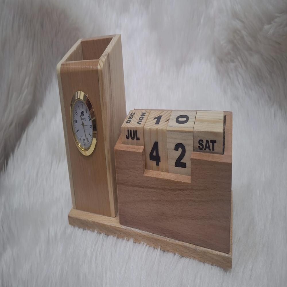 Wooden Calendar With Pen Stand And Clock