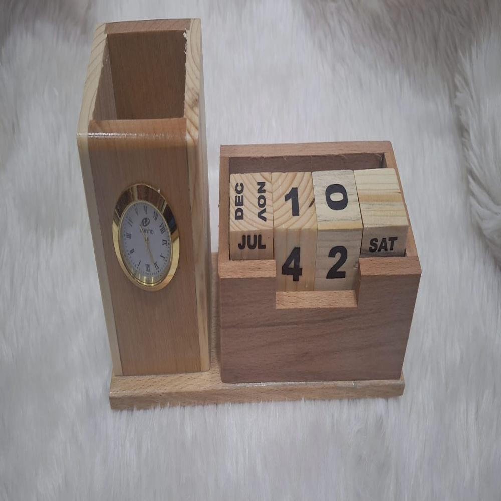 Wooden Calendar With Pen Stand And Clock