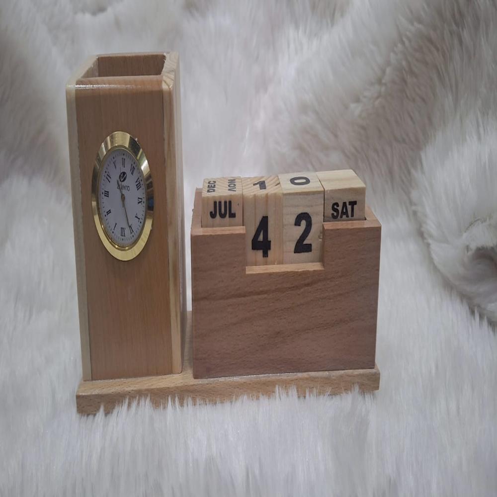 Wooden Calendar With Pen Stand And Clock