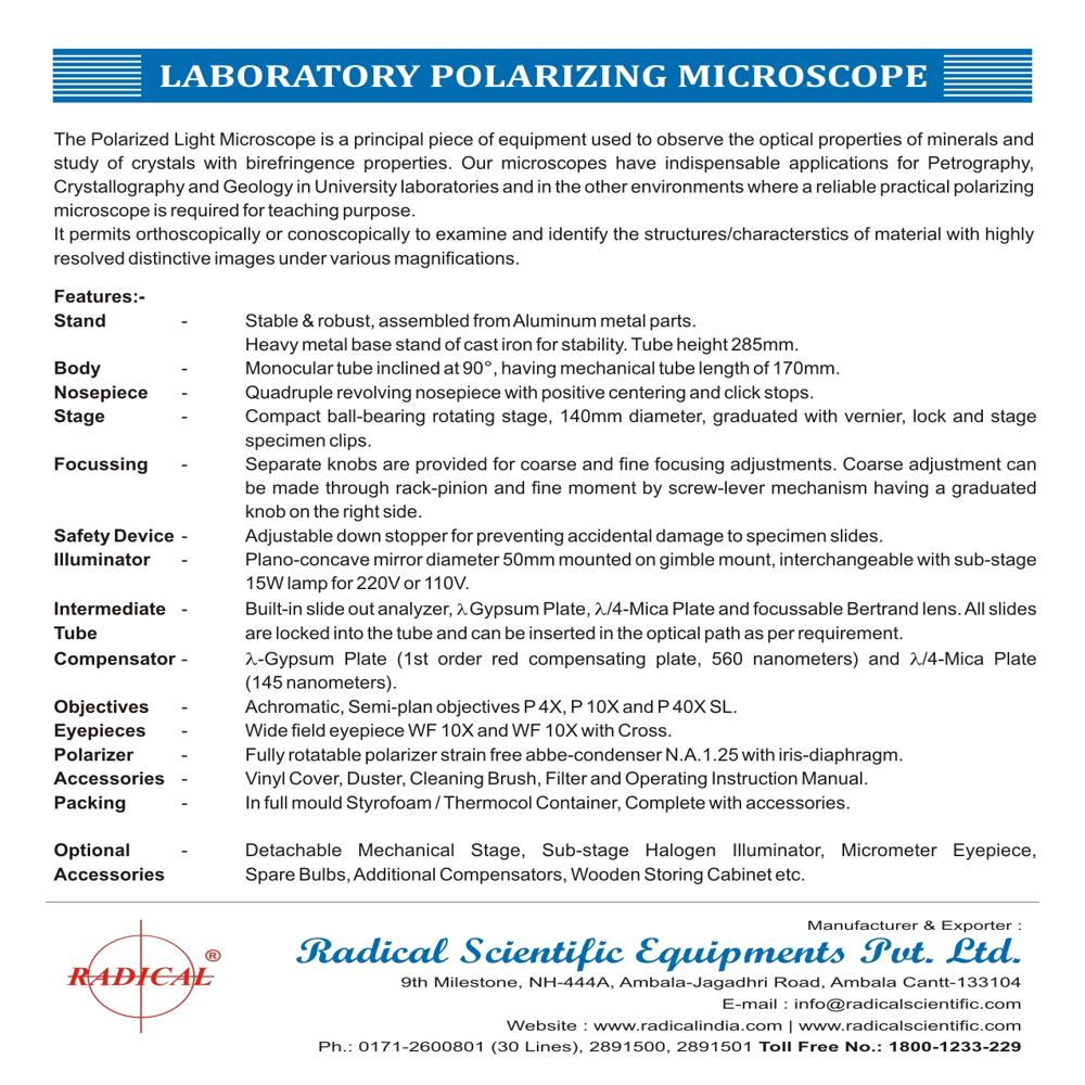 Laboratory Polarizing Microscope Rpl-1 - Application: Study Of Rock And Minerals
