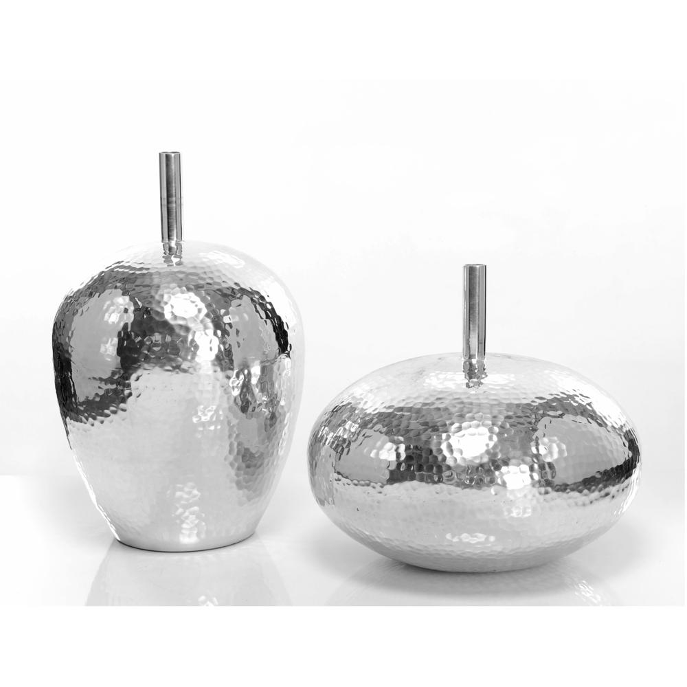 Apple Shape Urn Metal Flower Vase Hammered Design Silver