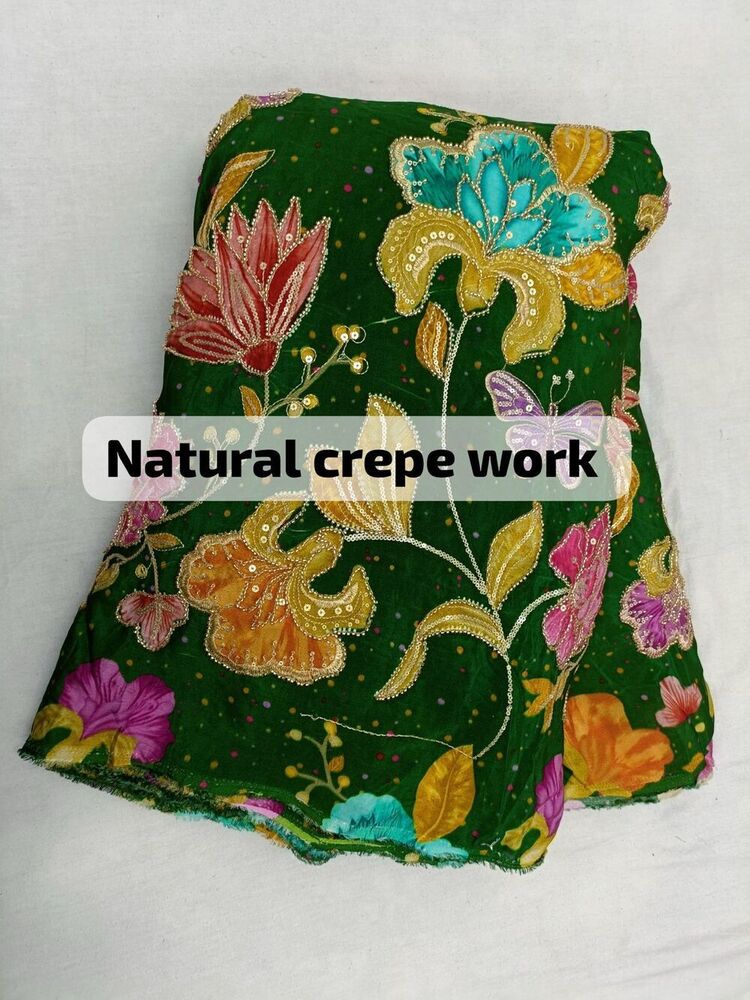 Natural Crepe Fabric with Bids Embroidery & Designer Position Print