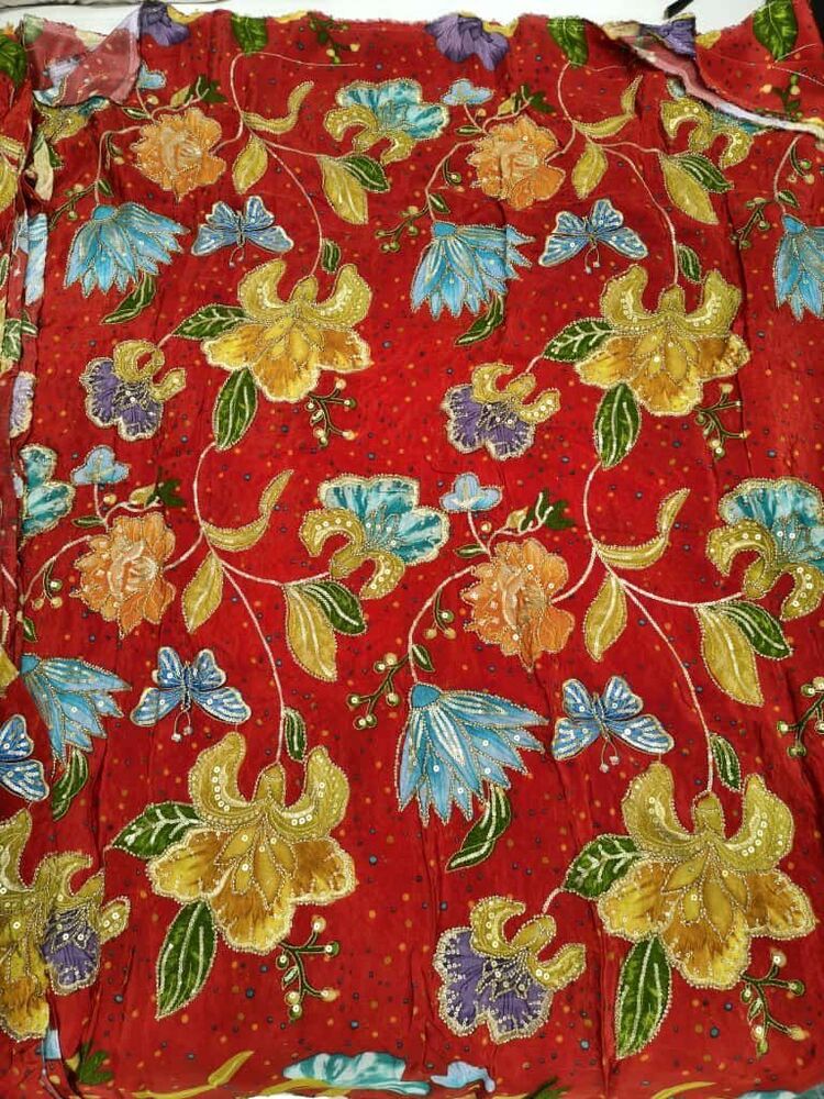 Natural Crepe Fabric with Bids Embroidery & Designer Position Print