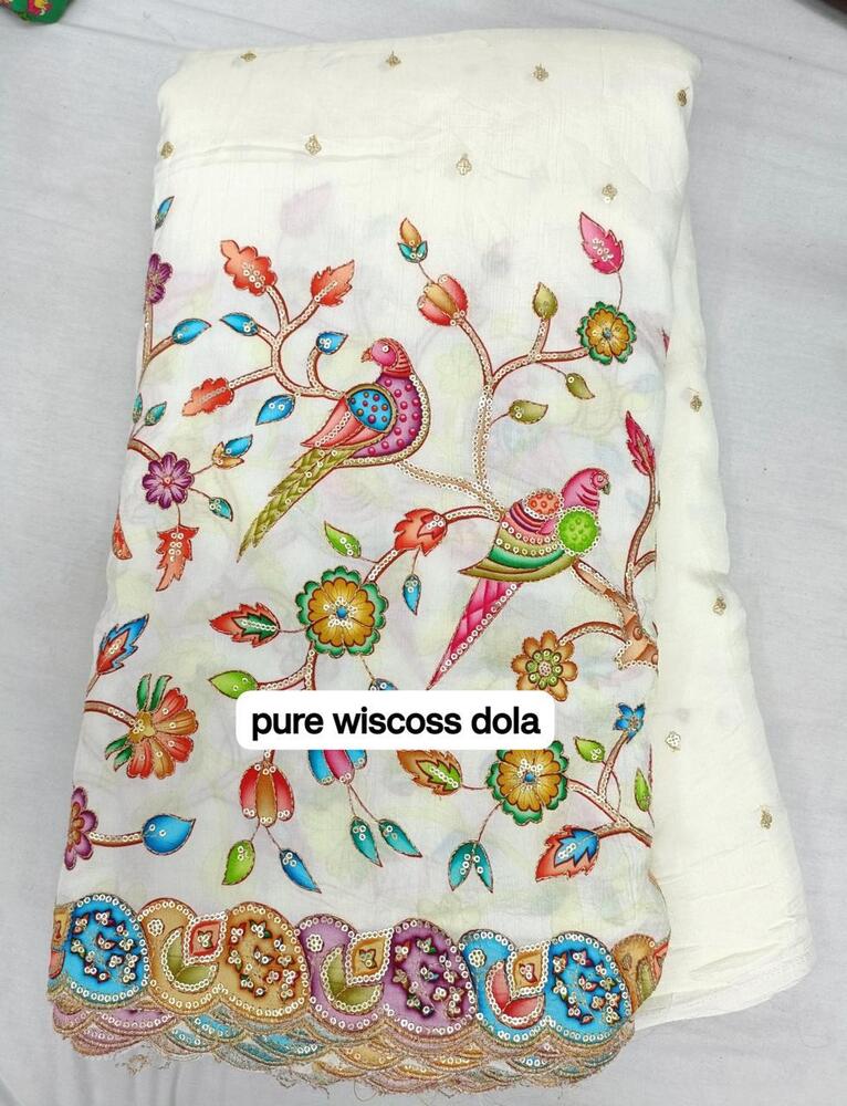 Pure Viscose Dola Fabric with Sequence Embroidery & Position Print