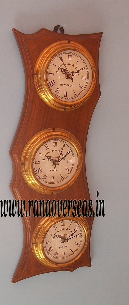 World Time Wall Hanging Clock - 14 Inches Round, Brown and Golden Acrylic, Unisex Design with Three Time Zones