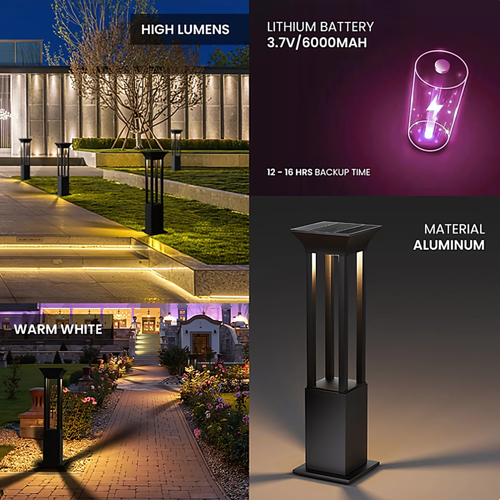 Premium Solar-Powered Square Bollard Light