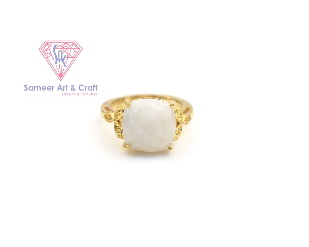 18k Gold Plated Rainbow Moonstone With Cushion Shape Fashion Ring