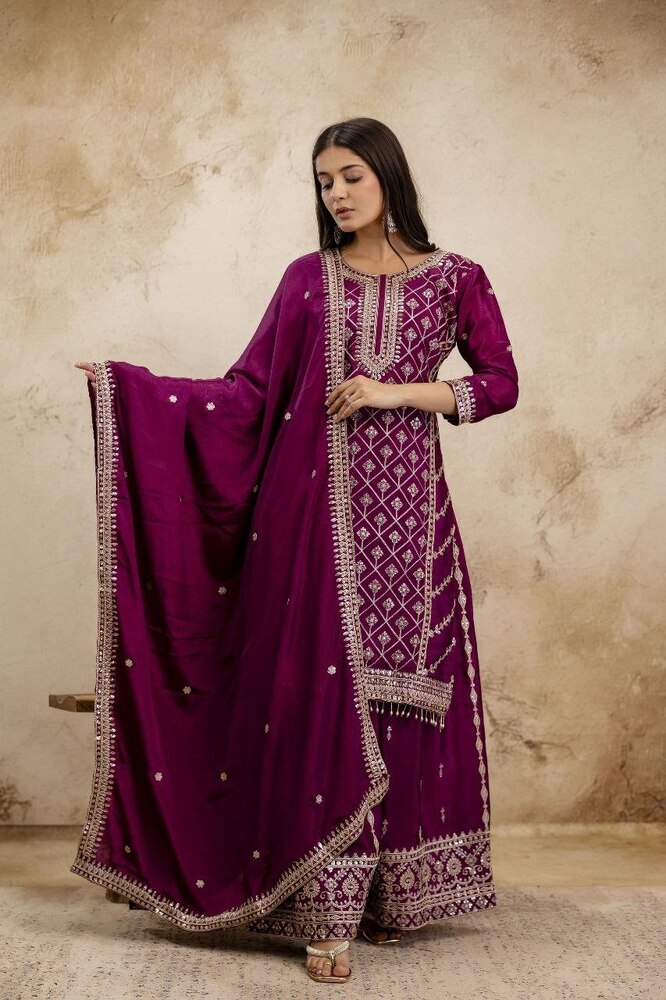 Premium Chinon Suits With Heavy Embroidery Sequence Work - Design: Traditional