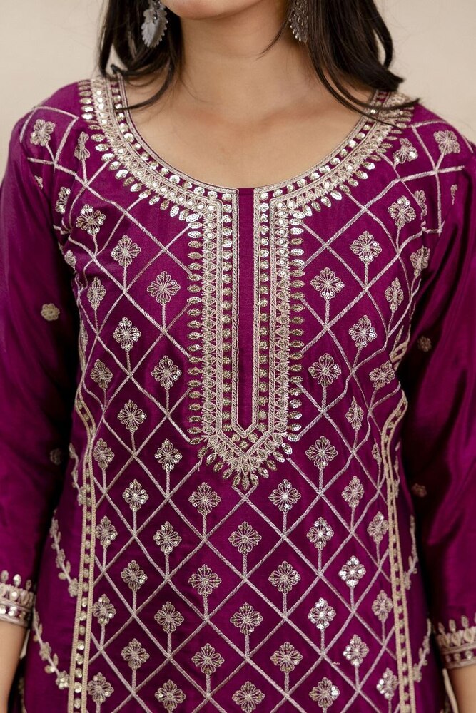 Premium Chinon Suits With Heavy Embroidery Sequence Work - Design: Traditional