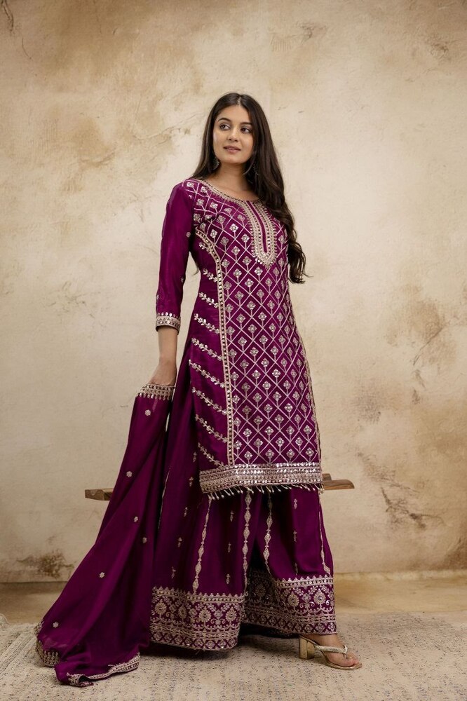 Premium Chinon Suits With Heavy Embroidery Sequence Work - Design: Traditional