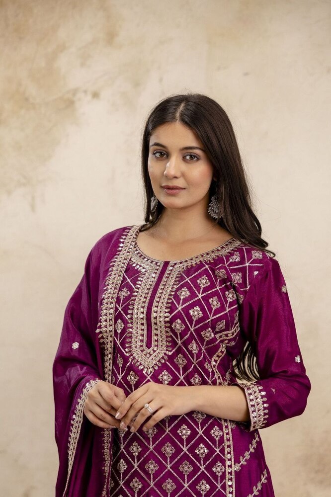 Premium Chinon Suits With Heavy Embroidery Sequence Work - Design: Traditional
