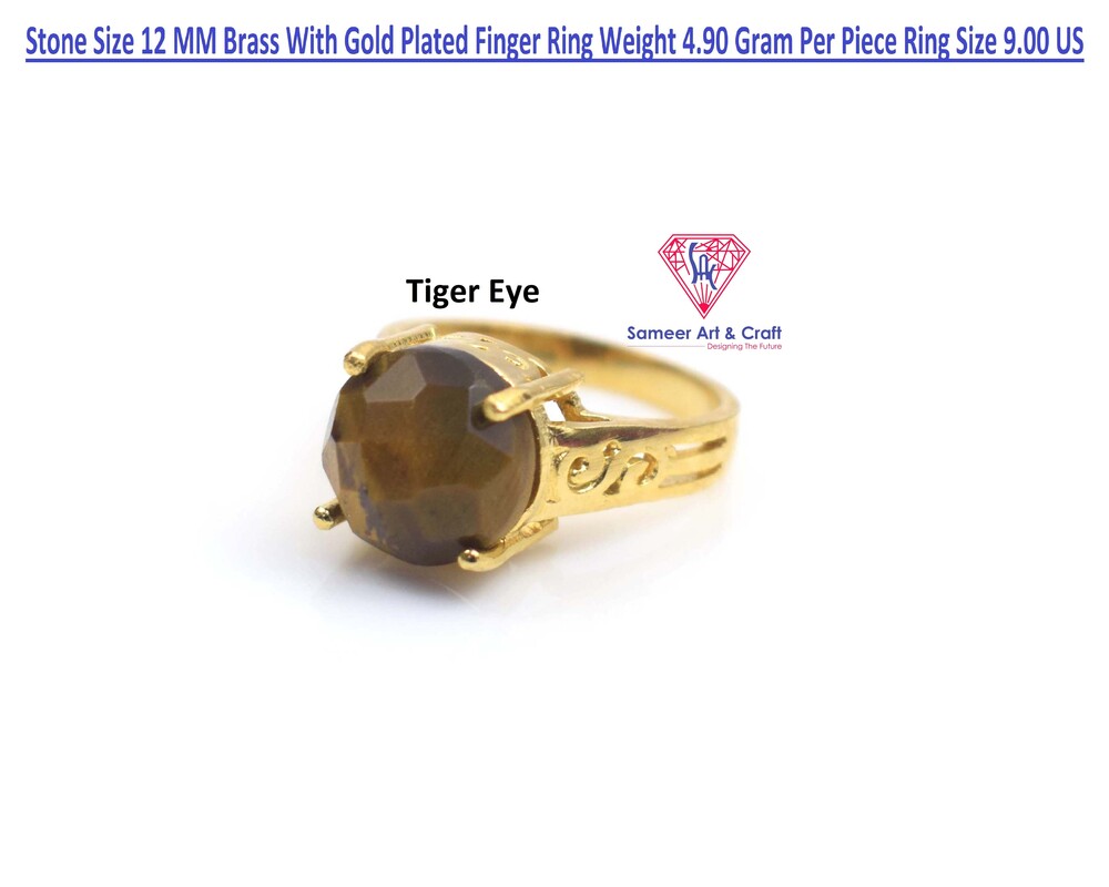 Natural Tiger Eye Gemstone Brass With Gold Plated Finger Ring