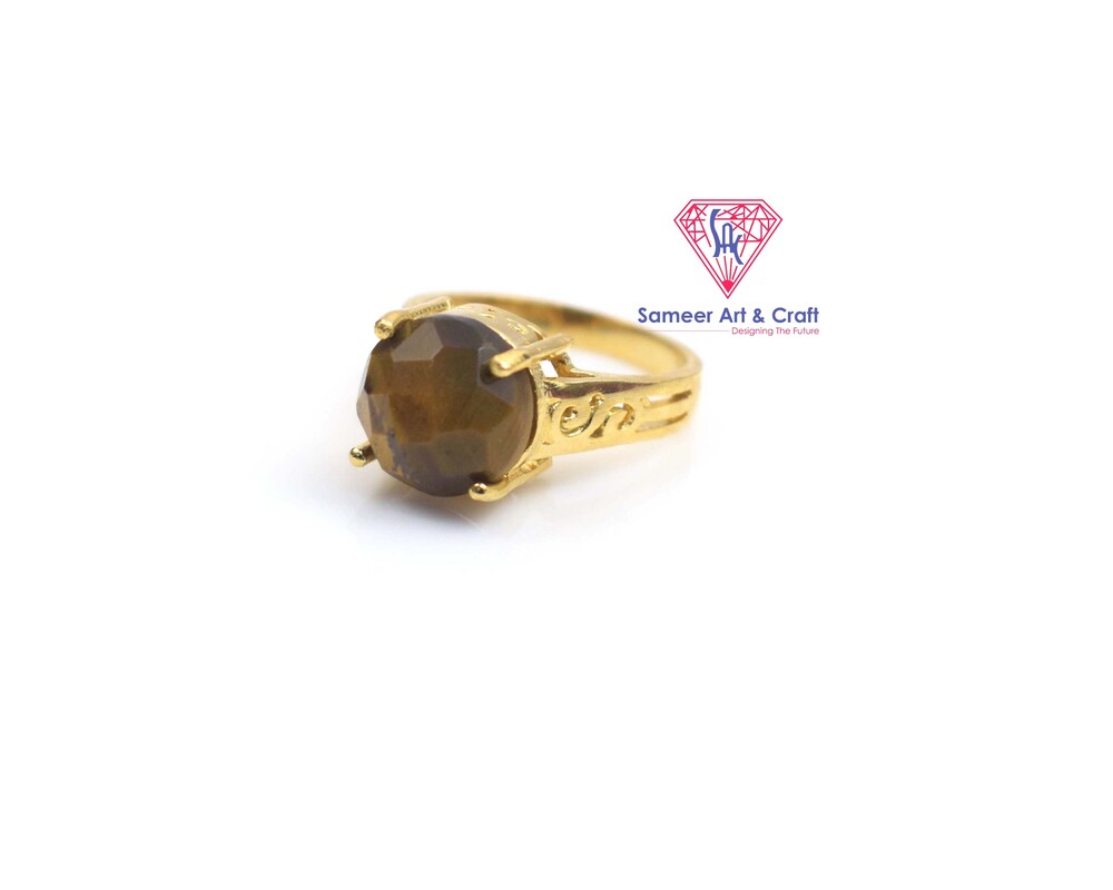 Natural Tiger Eye Gemstone Brass With Gold Plated Finger Ring