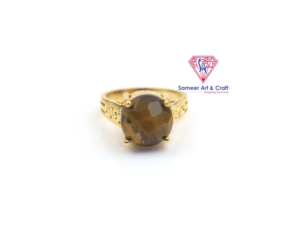 Natural Tiger Eye Gemstone Brass With Gold Plated Finger Ring