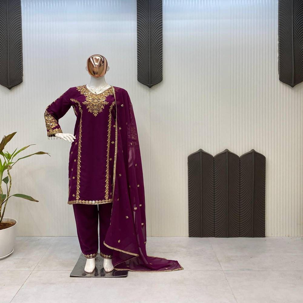 Designer Purple Kurti Pent With Duptta Pair