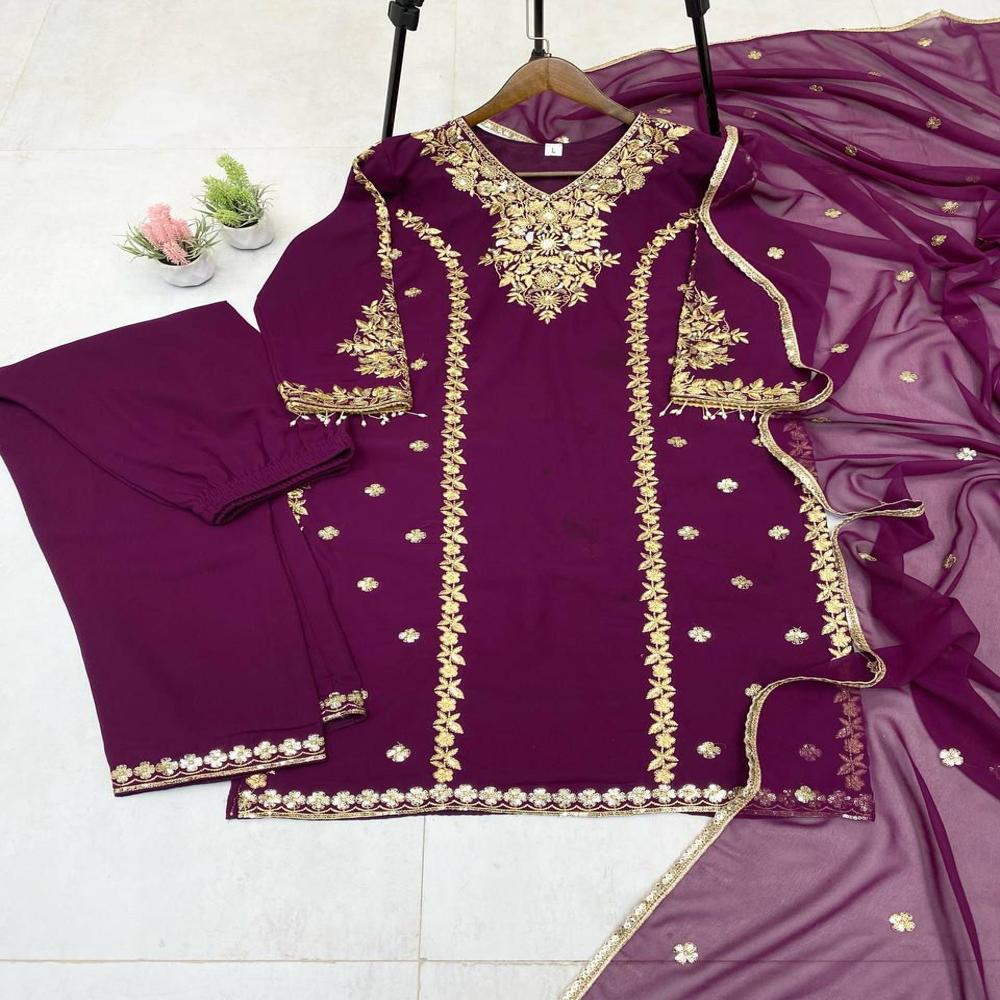 Designer Purple Kurti Pent With Duptta Pair - Decoration Material: Sequins