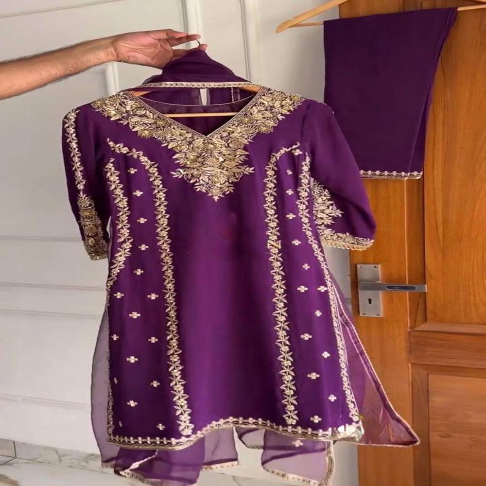 Designer Purple Kurti Pent With Duptta Pair - Decoration Material: Sequins