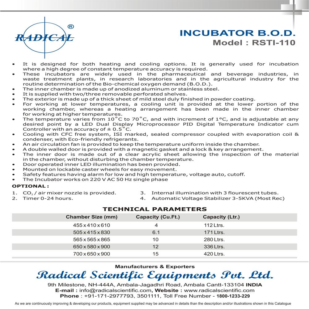 Bod Incubator Rsti-110 - Application: Bio-chemical Oxygen Demand