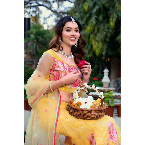 Womena S Tussar Silk Patola Printed Lehenga Set With Dupatta - Color: Yellow