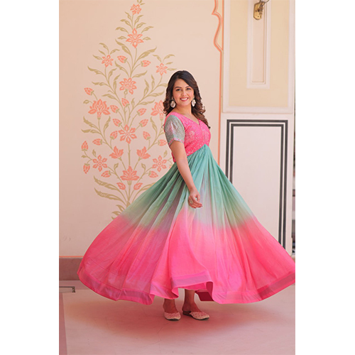 Womens Dual Tone Ombre Gown In Candy Pink & Aqua Green With Embroidered Bodice Festive & Contemporary Wear - Design: Plain
