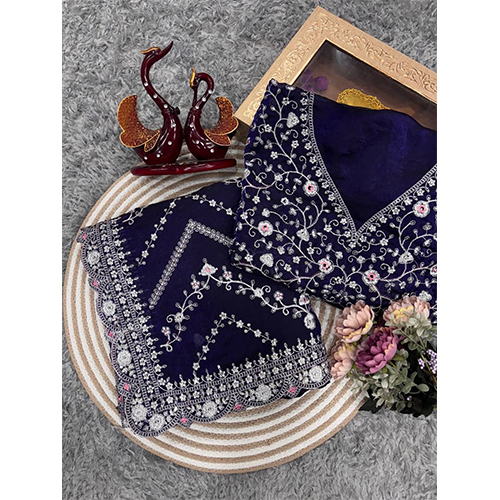 Royal Blue Embroidered Blouse Piece With Intricate Mirror, Sequin & Floral Threadwork Ready-To-Stitch Fabric For Sarees - Ethnic Region: Indian