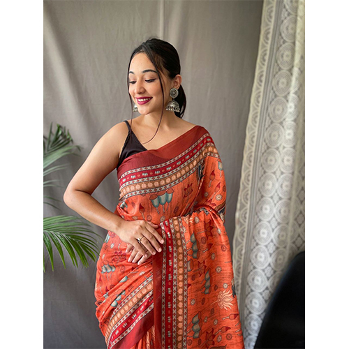 Womens Artistic Terracotta Orange Linen Saree - Color: Multi Color