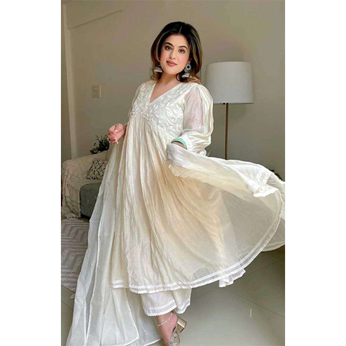 Womens Chanderi Silk Embroidered Anarkali Kurti With Pant And Dupatta - Color: White
