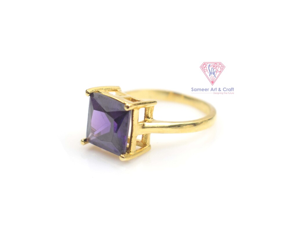 18k Gold Plated Natural Amethyst Gemstone Ring  Brass Square Shape