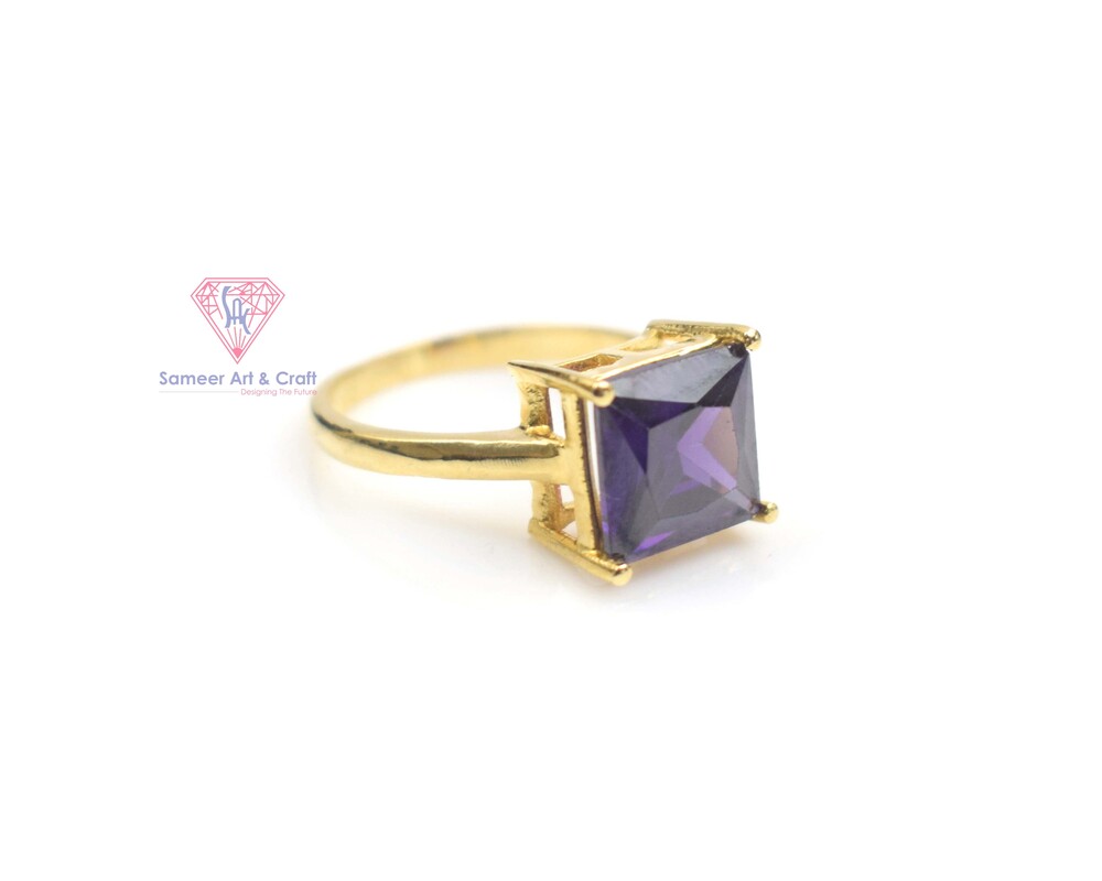 18k Gold Plated Natural Amethyst Gemstone Ring  Brass Square Shape