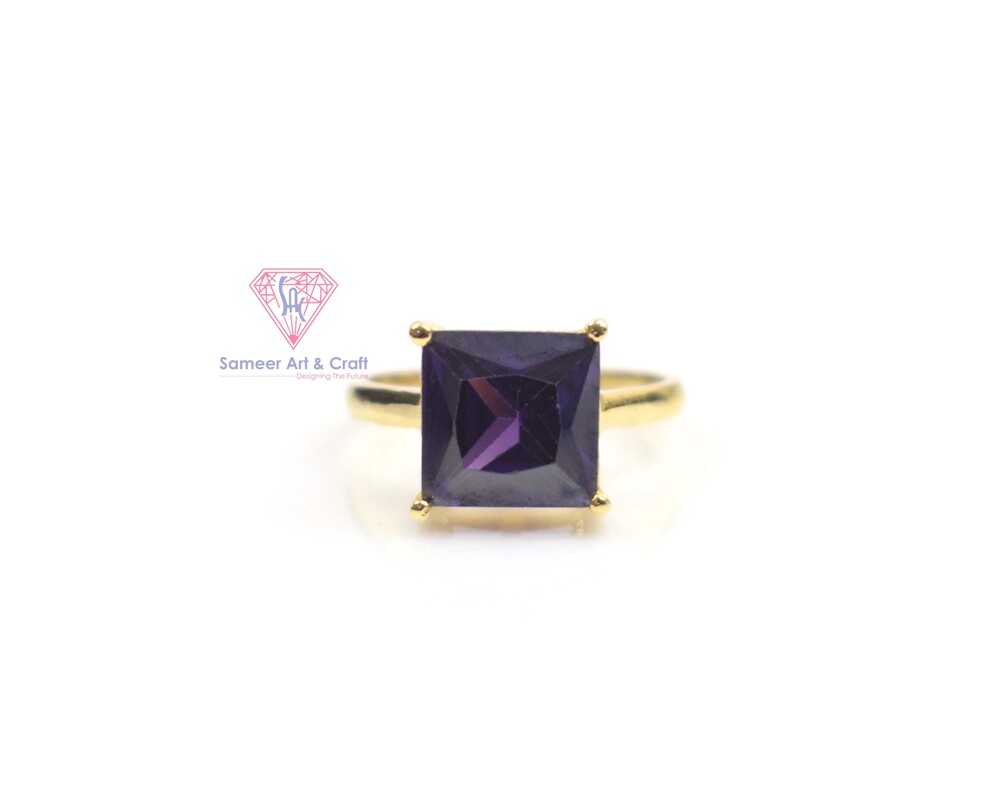 18k Gold Plated Natural Amethyst Gemstone Ring  Brass Square Shape