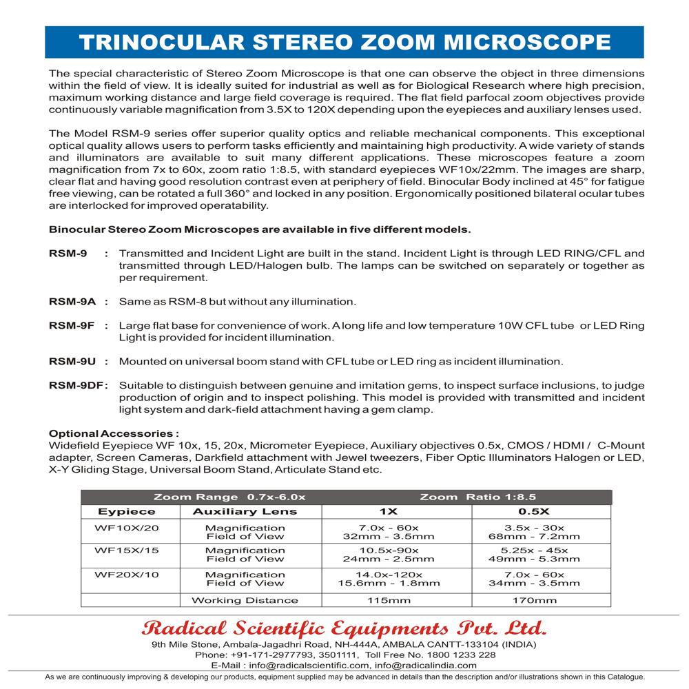 Trinocular Stereo Zoom Microscope RSM-9