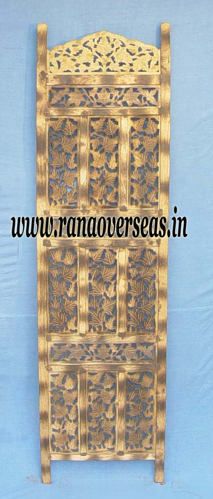 Mango Wood Room Divider - Tigerwood and Brass Finish | Indian Style, Foldable Polyester Artwork, Machine Cut, Elegant Partition for Drawing Room