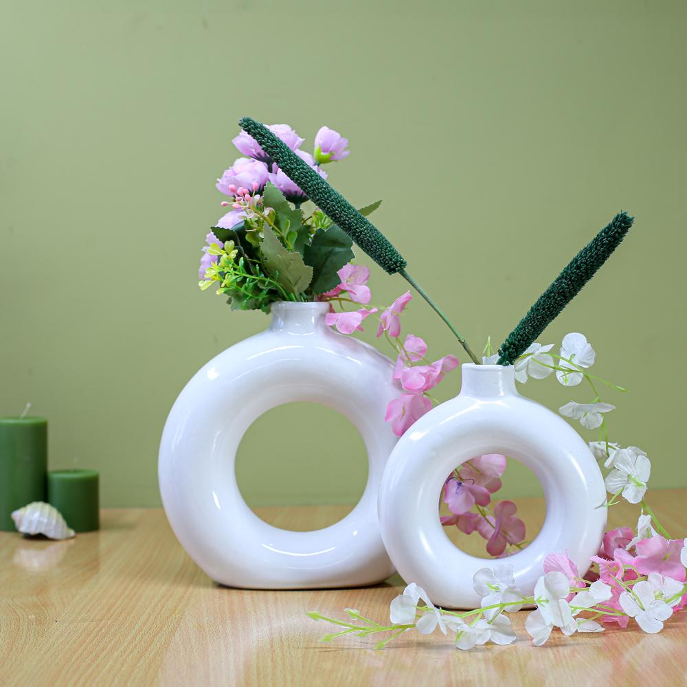 Ceramic Round Flower Vase Set Of 2 - Color: White