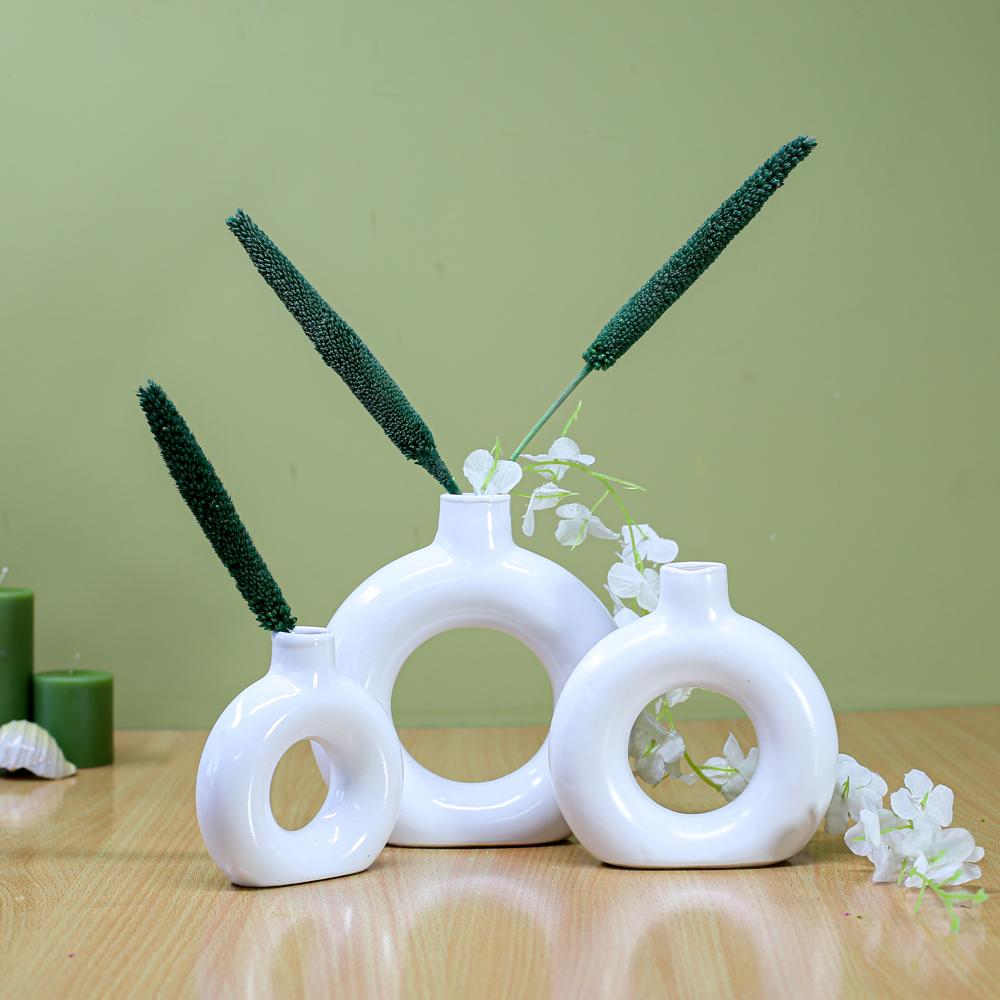 Ceramic Round Flower Vase Set Of 3 - Color: White