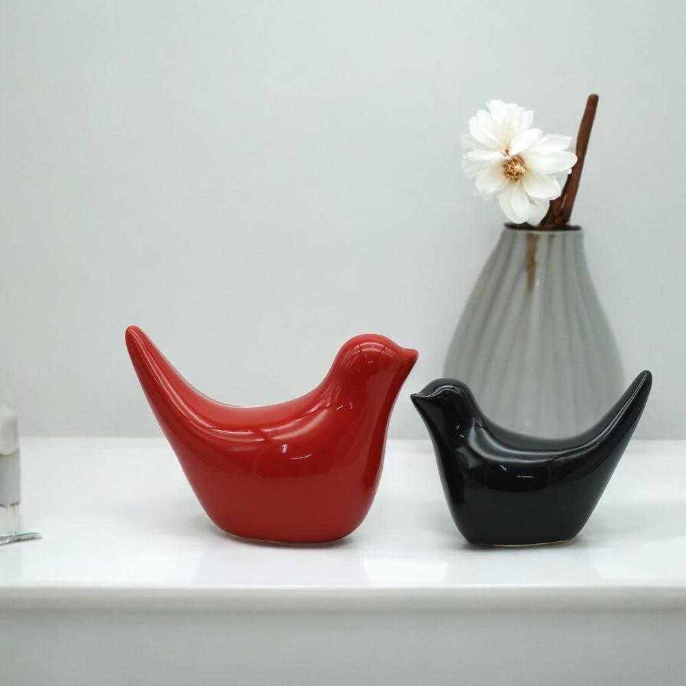 Ceramic Bird Set Of 2 Red & Black - Design Type: Customizable