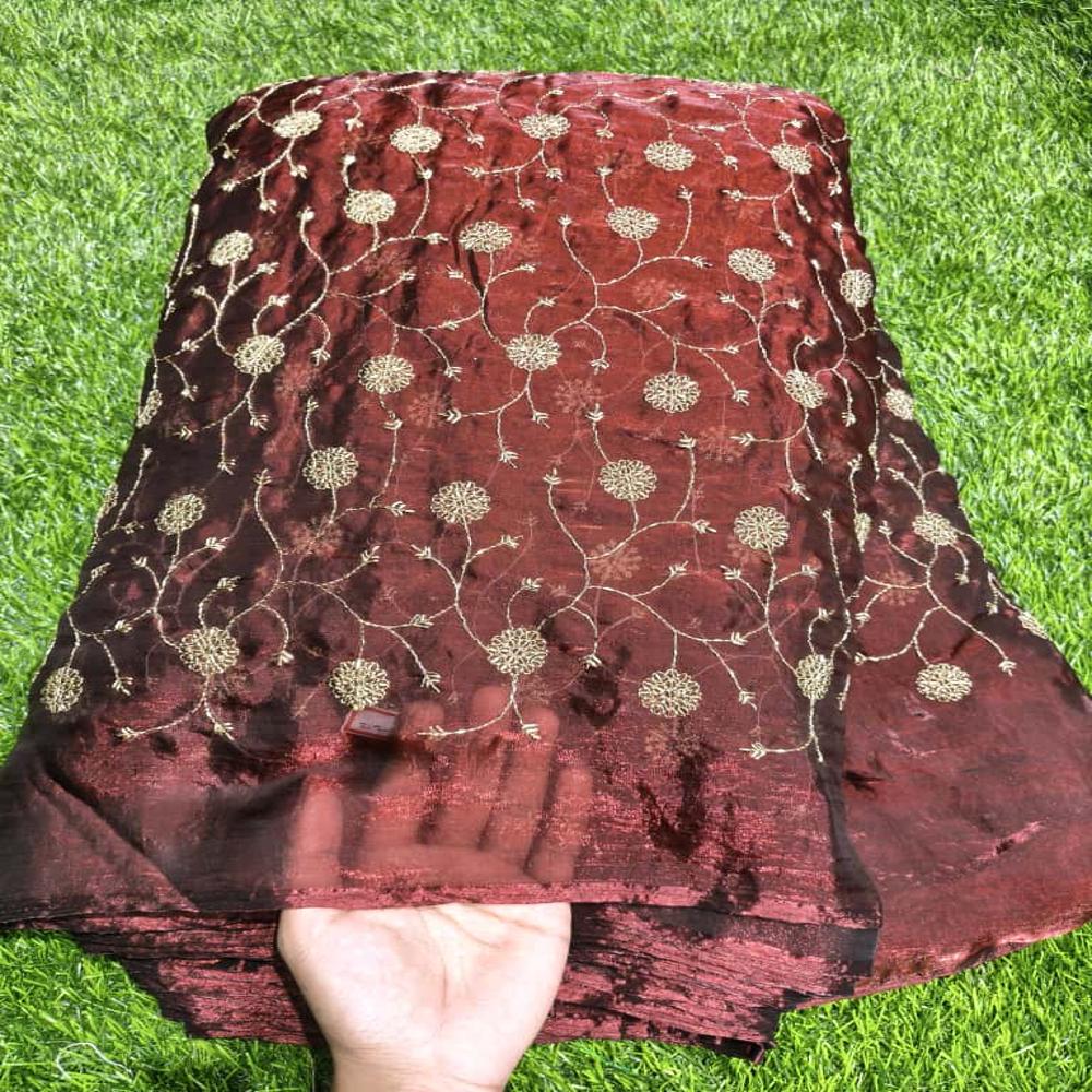 Fancy Silk Semi Beads Embroidered Fabric