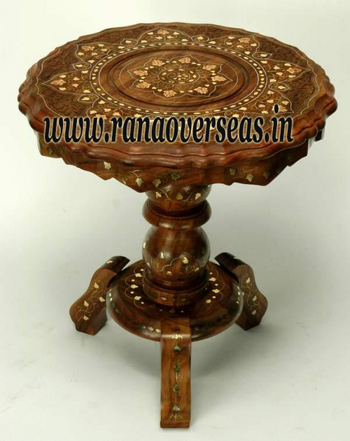 Hand Carved Sheesham Wood Side Table - Brass Inlay Work, Indoor Use with Polished Finish, Foldable Design, Elegant Indian Style