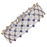 18k White Gold Lab Grown Diamond & Blue Sapphire Tennis Bracelet, Round Cut Stones - Color: Colorless
