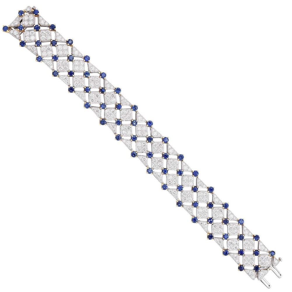 18K White Gold Lab Grown Diamond & Blue Sapphire Tennis Bracelet, Round Cut Stones