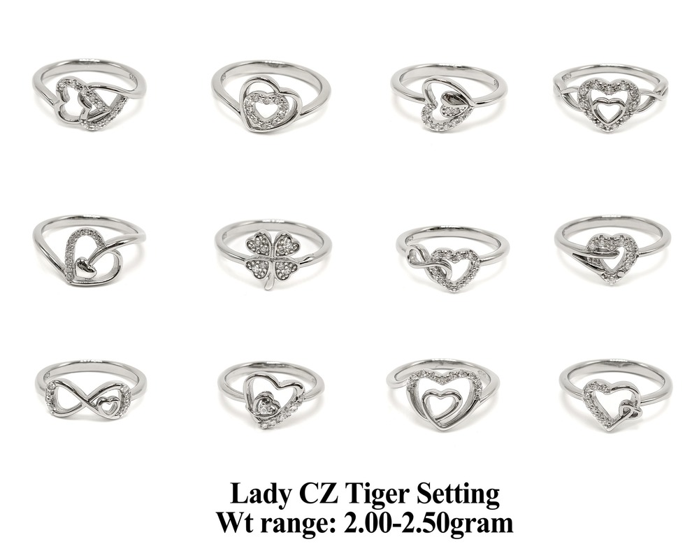92.5 New Design Silver Lady CZ Tiger Setting Ring