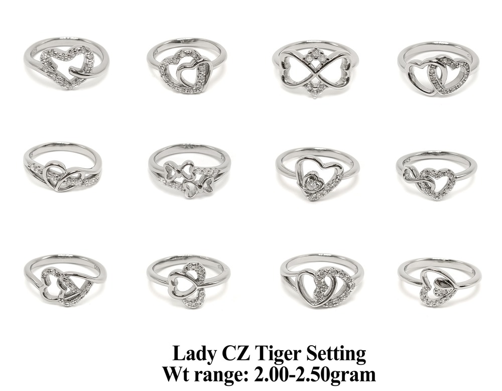 92.5 New Design Silver Lady CZ Tiger Setting Ring