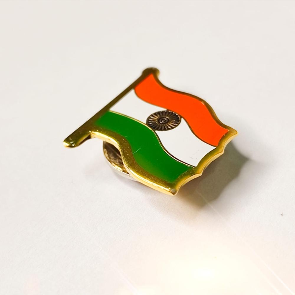 Indian Flag Badge - Brass, 2 cm Rectangle , Gold-Plated Finish, Pin-Type Attachment for Elegant Display on Apparel and Accessories