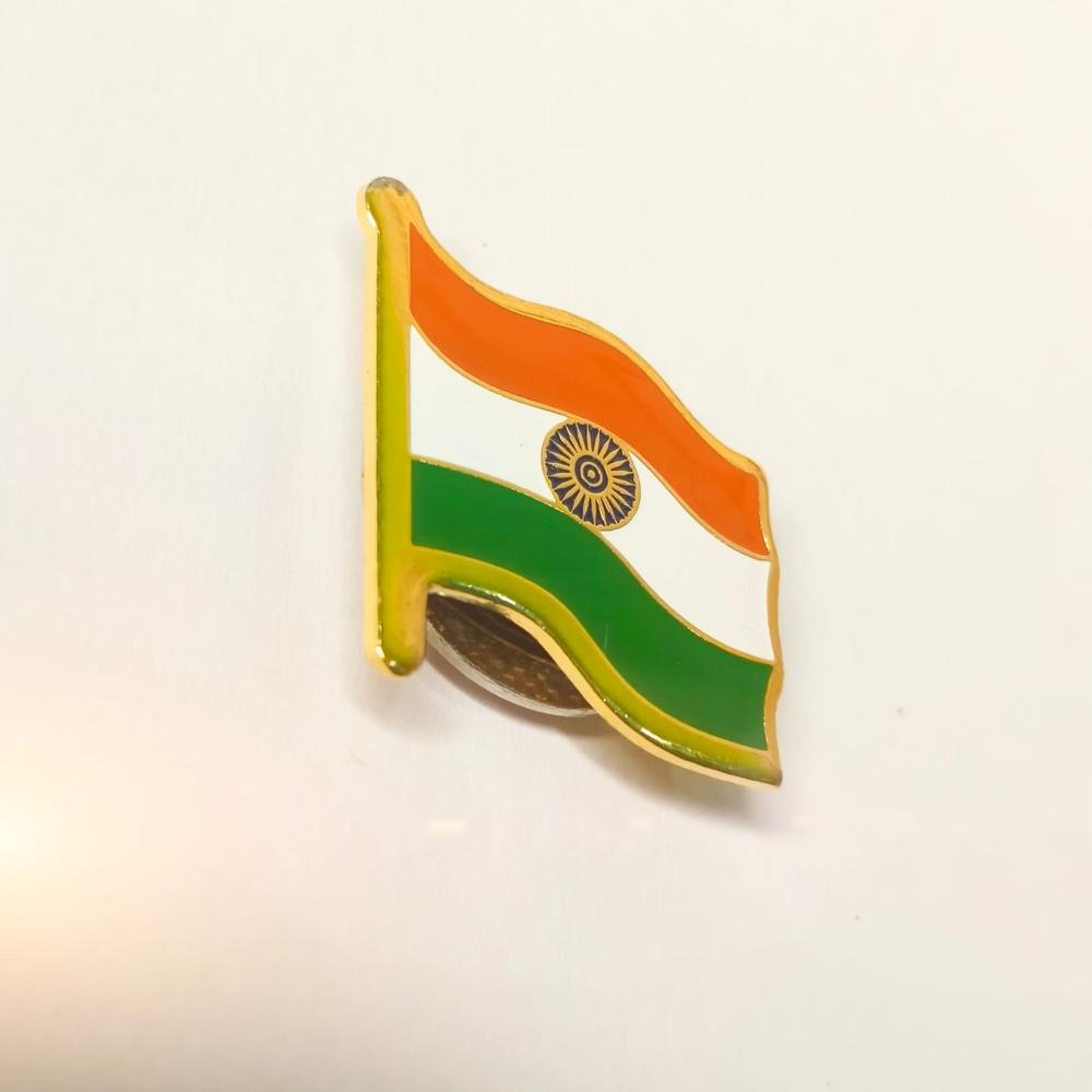 Indian Flag Badge - Brass, 2 Cm Rectangle , Gold-plated Finish, Pin-type Attachment For Elegant Display On Apparel And Accessories