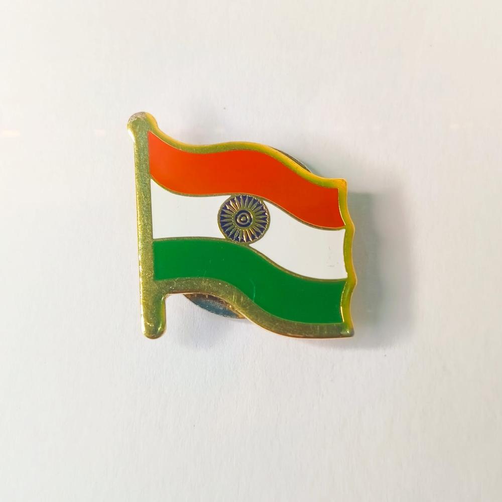 Indian Flag Badge - Brass, 2 Cm Rectangle , Gold-plated Finish, Pin-type Attachment For Elegant Display On Apparel And Accessories