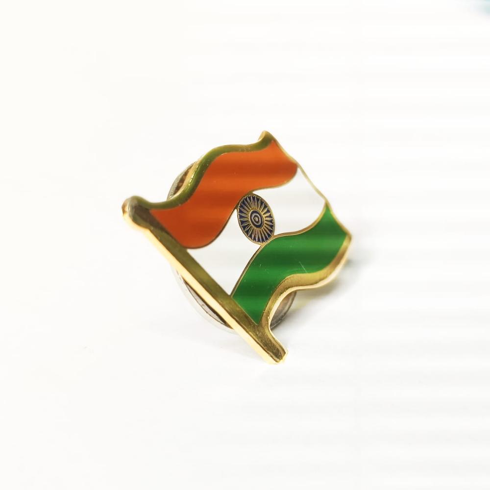 Indian Flag Badge - Brass, 2 Cm Rectangle , Gold-plated Finish, Pin-type Attachment For Elegant Display On Apparel And Accessories